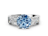 White gold Fancy Blue Round Cut Solitaire Princess Side Stone Engraved Band Prong Setting Ring_24