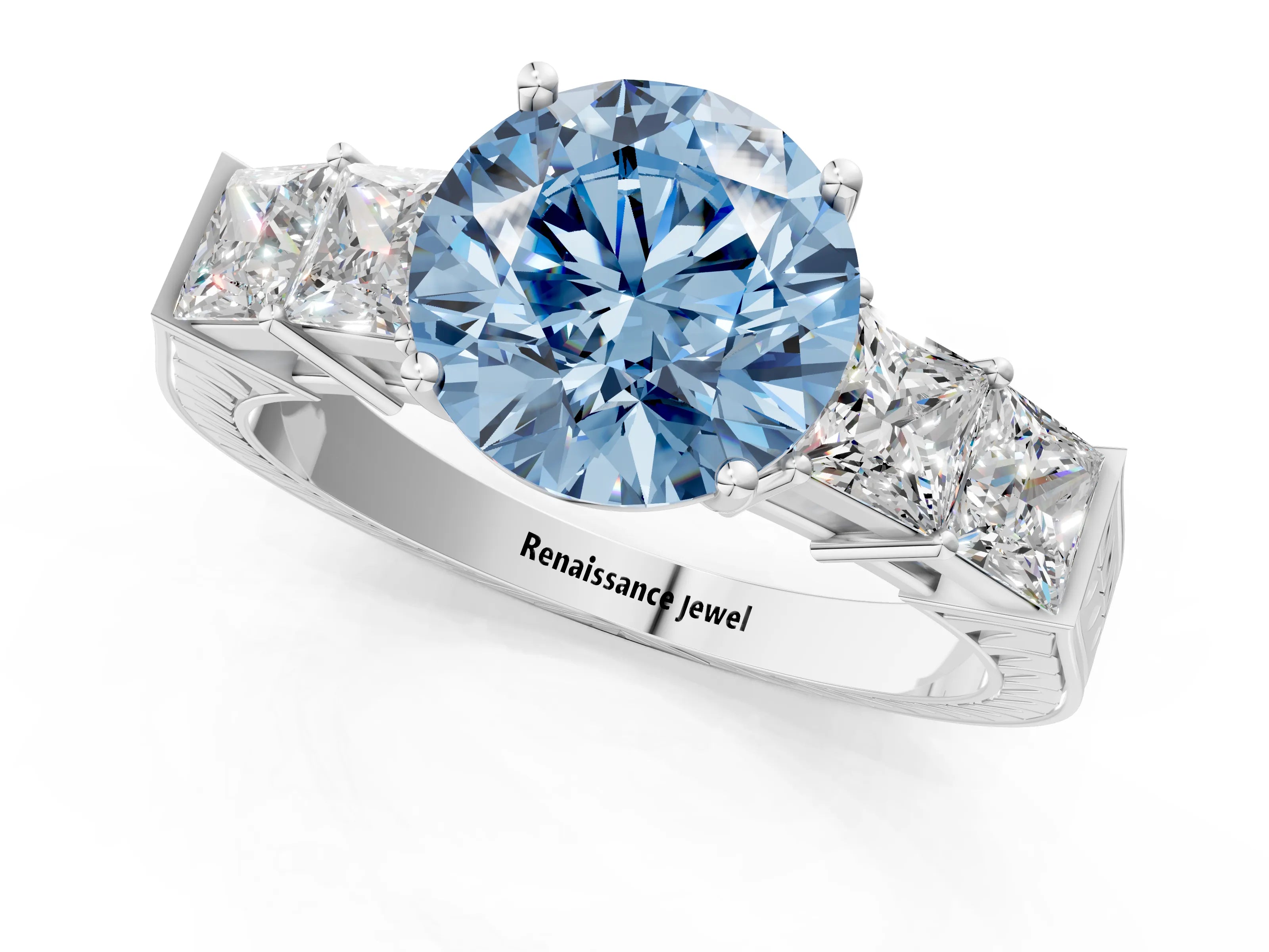 White gold Fancy Blue Round Cut Solitaire Princess Side Stone Engraved Band Prong Setting Ring_25
