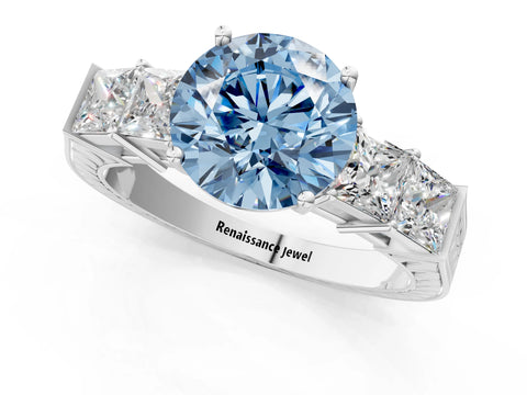 White gold Fancy Blue Round Cut Solitaire Princess Side Stone Engraved Band Prong Setting Ring_25