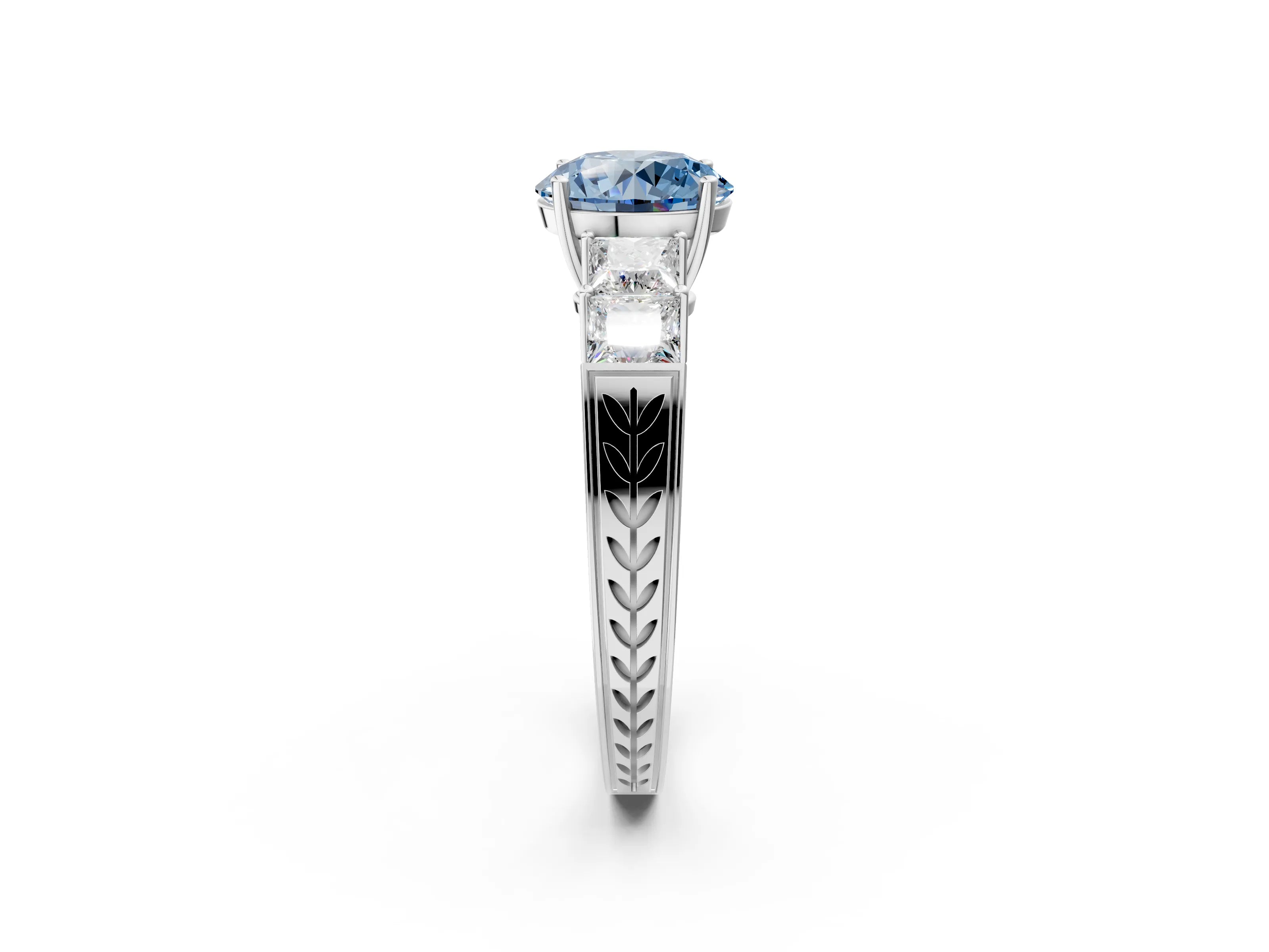 White gold Fancy Blue Round Cut Solitaire Princess Side Stone Engraved Band Prong Setting Ring_26