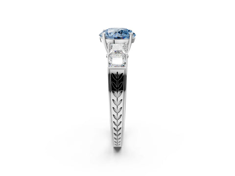 White gold Fancy Blue Round Cut Solitaire Princess Side Stone Engraved Band Prong Setting Ring_26