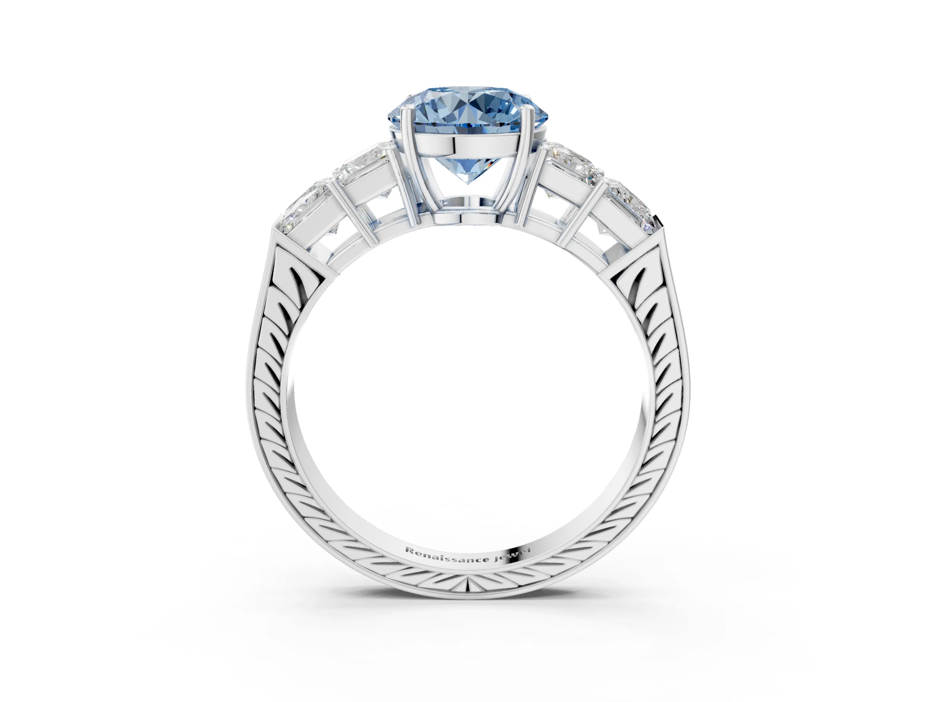 White gold Fancy Blue Round Cut Solitaire Princess Side Stone Engraved Band Prong Setting Ring_27