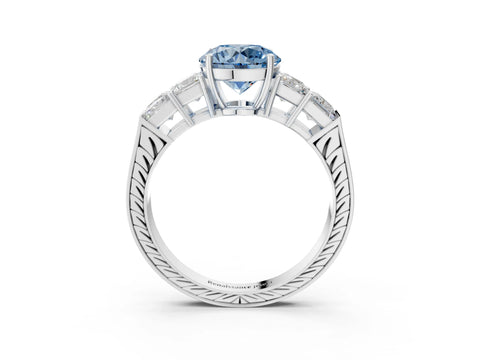 White gold Fancy Blue Round Cut Solitaire Princess Side Stone Engraved Band Prong Setting Ring_27