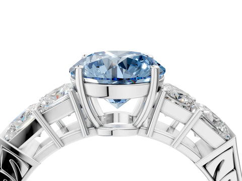 White gold Fancy Blue Round Cut Solitaire Princess Side Stone Engraved Band Prong Setting Ring_28