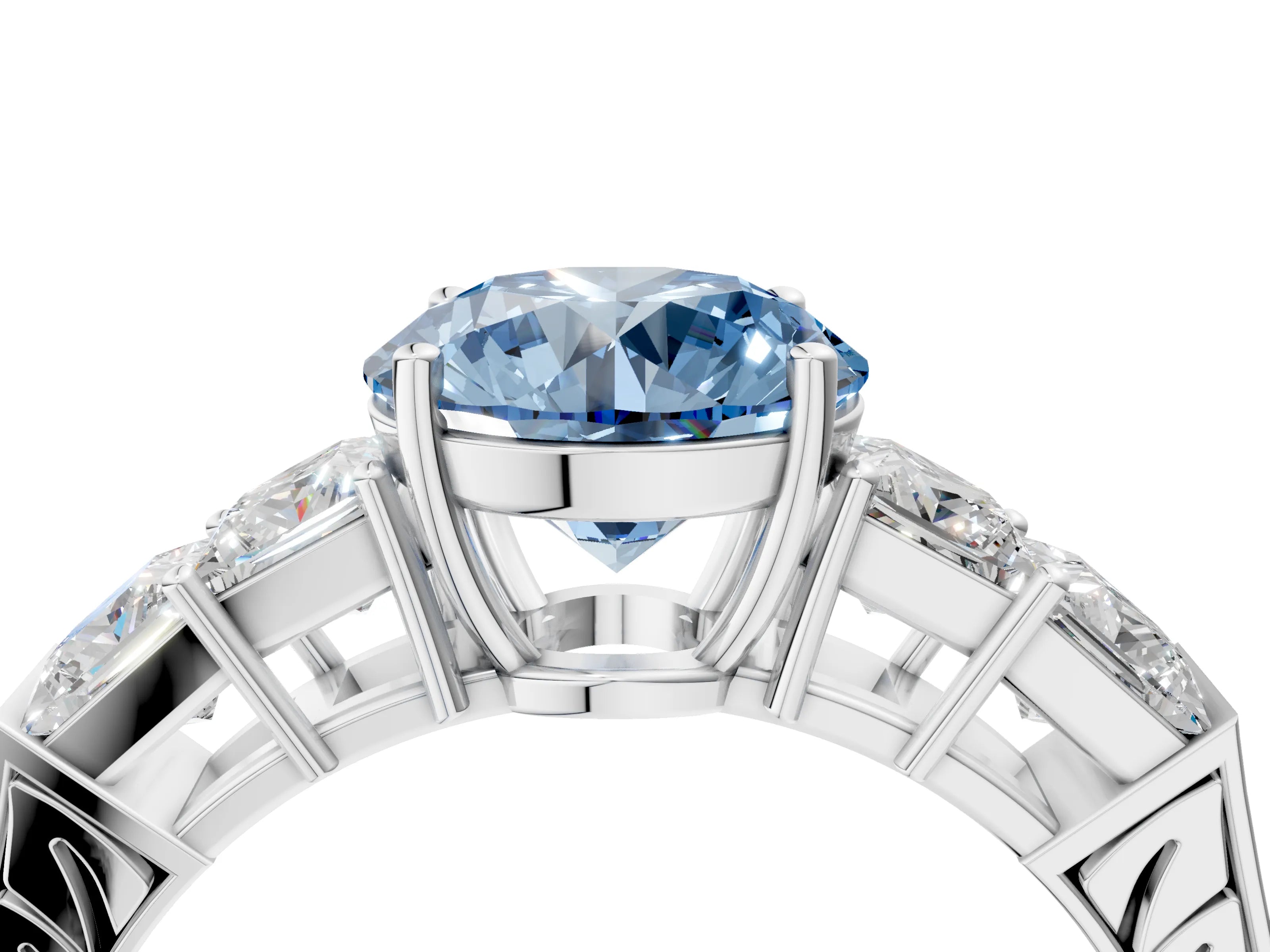 White gold Fancy Blue Round Cut Solitaire Princess Side Stone Engraved Band Prong Setting Ring_28