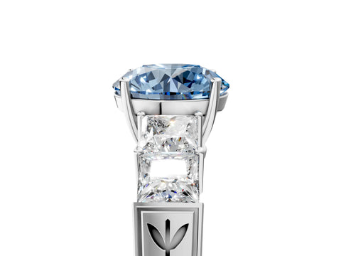 White gold Fancy Blue Round Cut Solitaire Princess Side Stone Engraved Band Prong Setting Ring_29