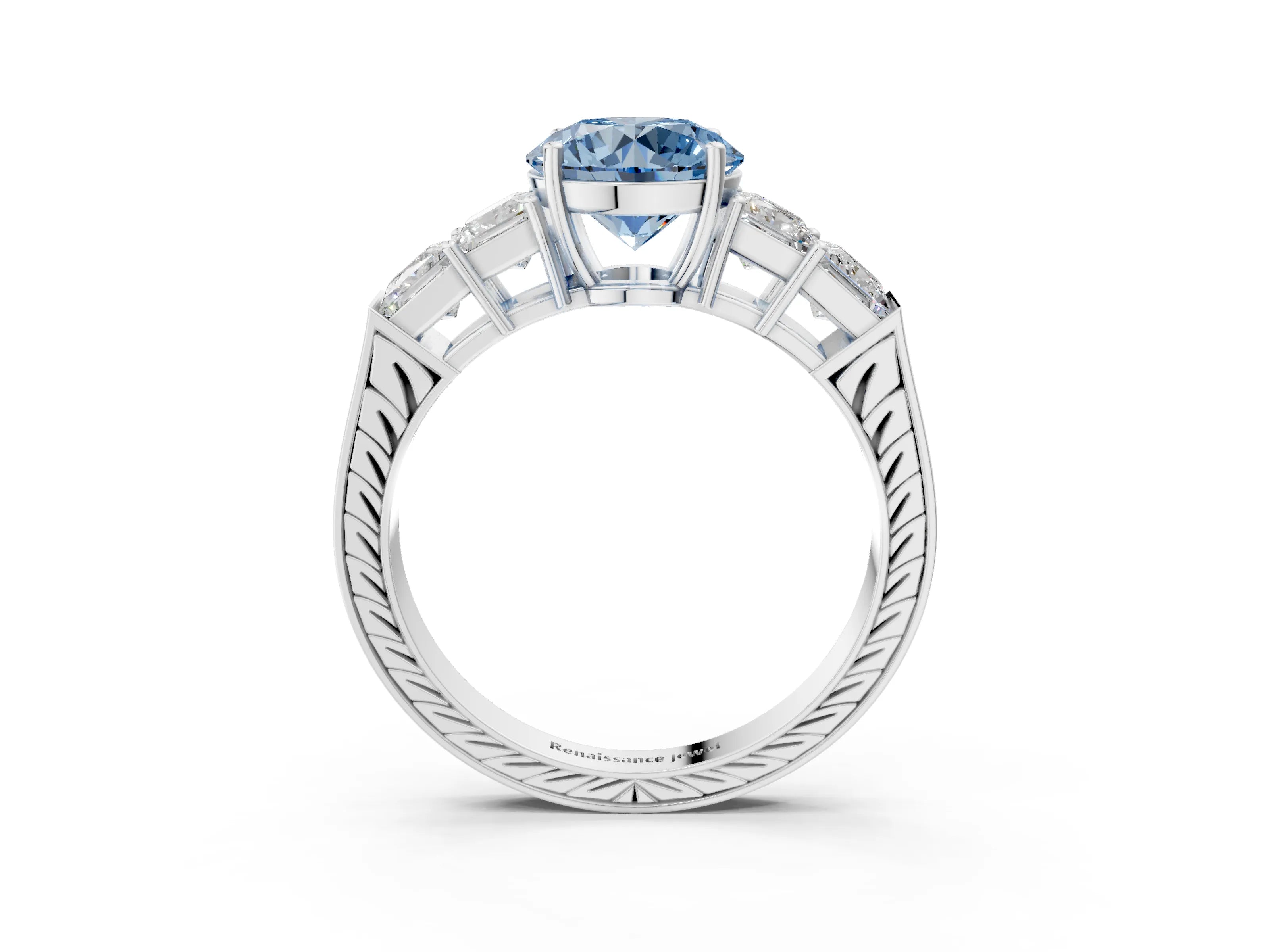 White gold Fancy Blue Round Cut Solitaire Princess Side Stone Engraved Band Prong Setting Ring_3