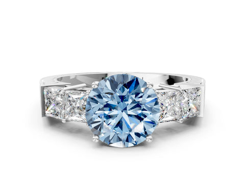 White gold Fancy Blue Round Cut Solitaire Princess Side Stone Engraved Band Prong Setting Ring