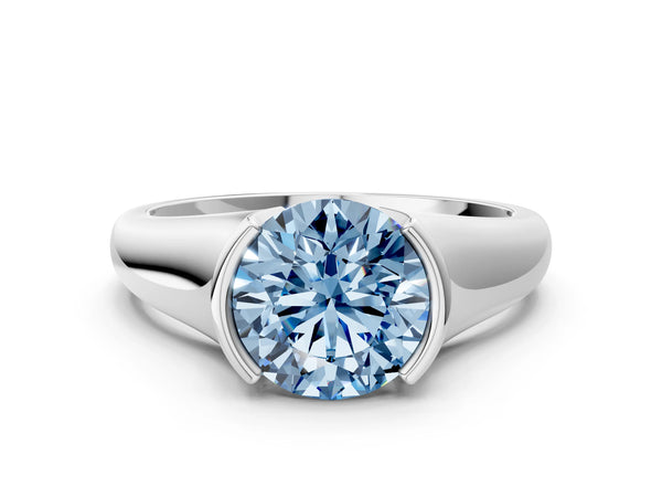 Platinum Fancy Blue Round Cut Solitaire Tension Set Diamond Ring with Split Shank Band