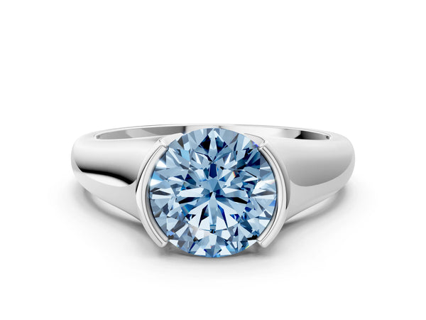 Platinum Fancy Blue Round Cut Solitaire Tension Set Diamond Ring with Split Shank Band