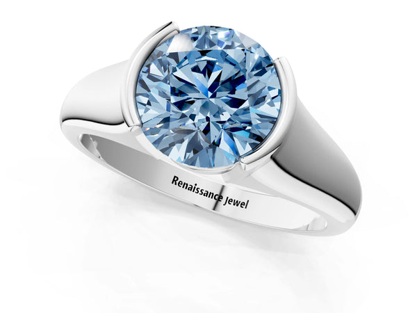 Platinum Fancy Blue Round Cut Solitaire Tension Set Diamond Ring with Split Shank Band