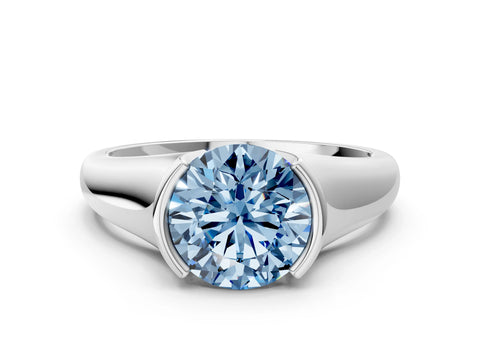White gold Fancy Blue Round Cut Solitaire Tension Set Diamond Ring with Split Shank Band