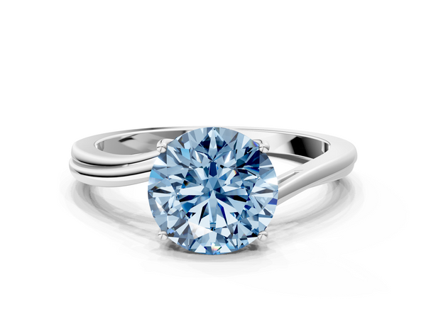 White gold Fancy Blue Round  Cut Solitaire Twist Band Ring with Four-Prong Setting