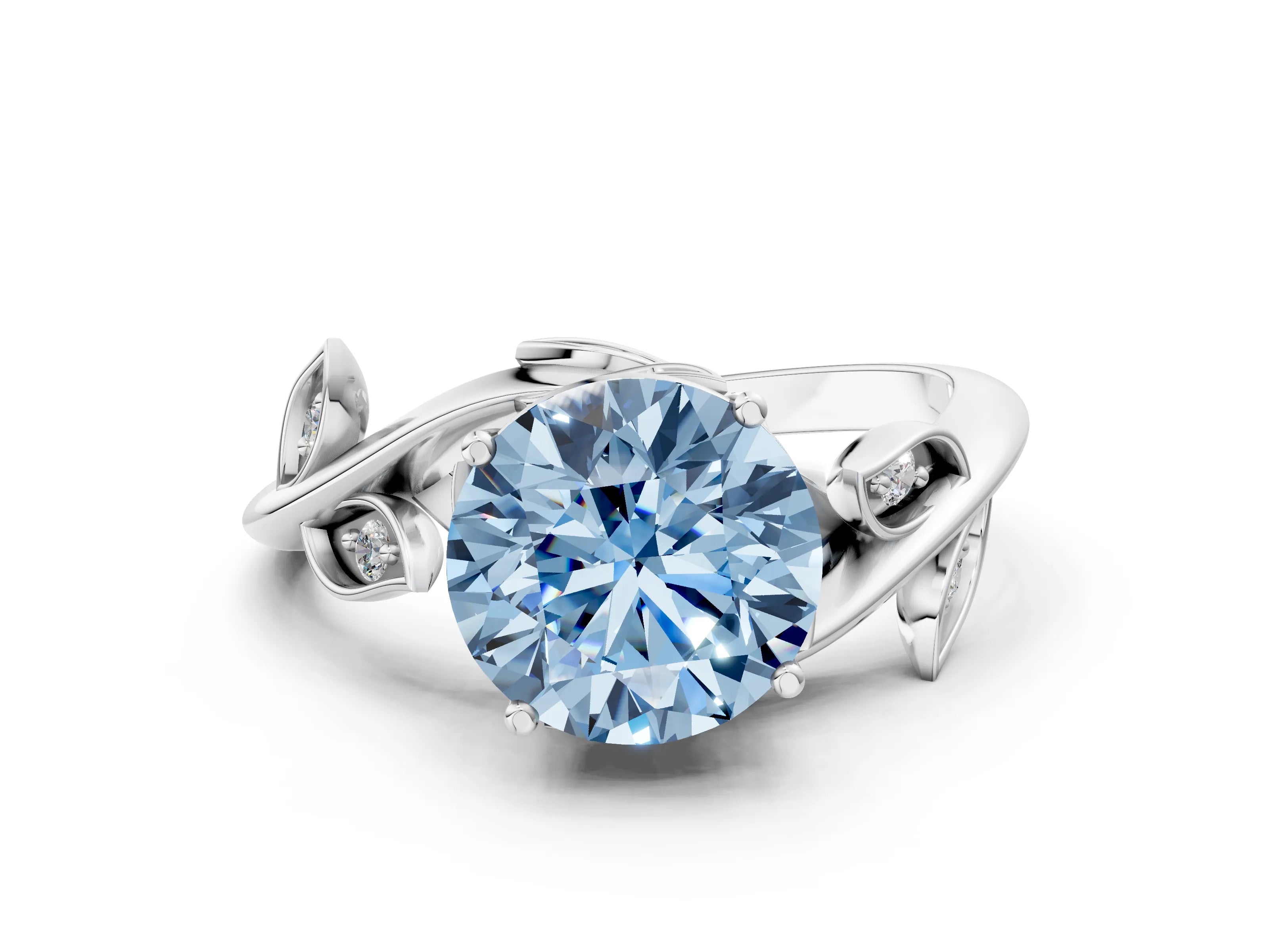 White gold Fancy Blue Round Cut Solitaire Twist Engagement Ring with Leaf Accents and Prong Setting