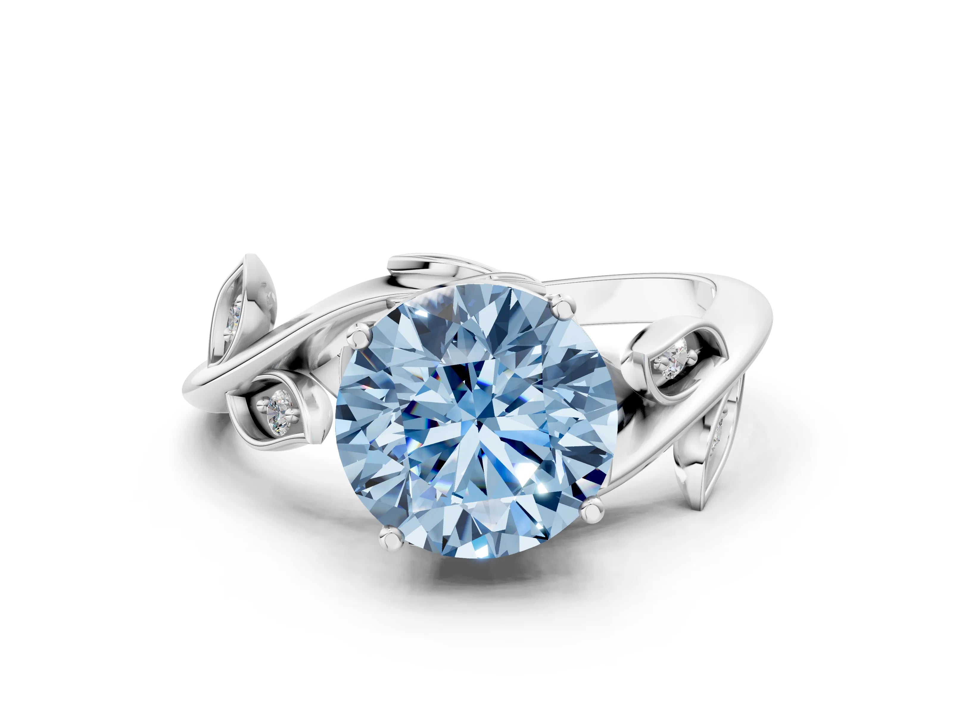 White gold Fancy Blue Round Cut Solitaire Twist Engagement Ring with Leaf Accents and Prong Setting_12