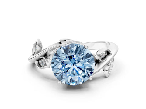 White gold Fancy Blue Round Cut Solitaire Twist Engagement Ring with Leaf Accents and Prong Setting_12