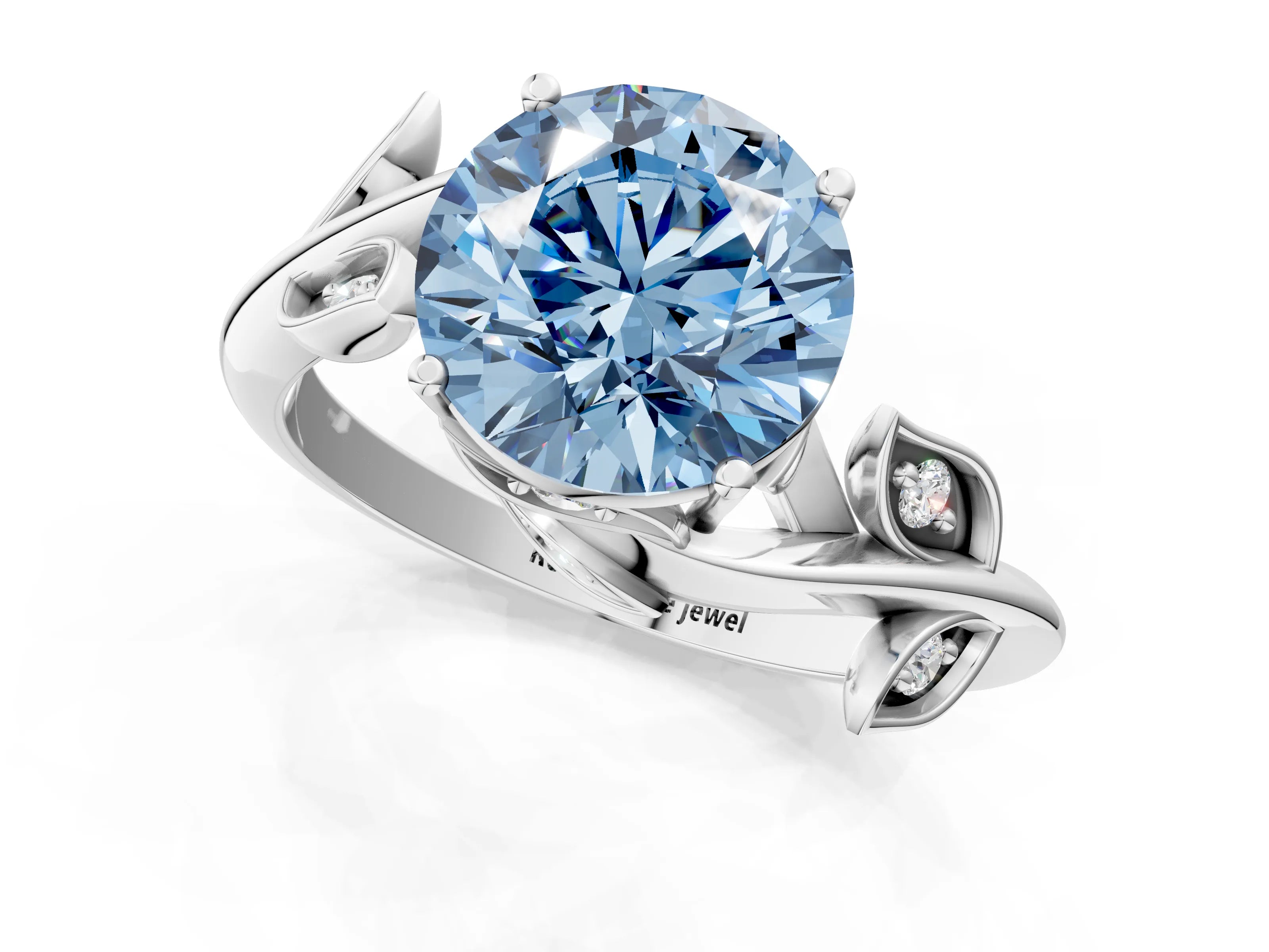 White gold Fancy Blue Round Cut Solitaire Twist Engagement Ring with Leaf Accents and Prong Setting_13