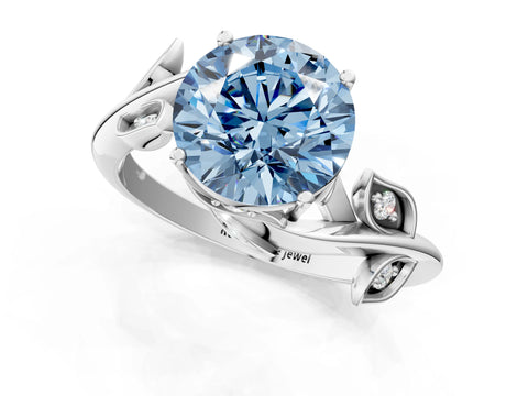 White gold Fancy Blue Round Cut Solitaire Twist Engagement Ring with Leaf Accents and Prong Setting_13