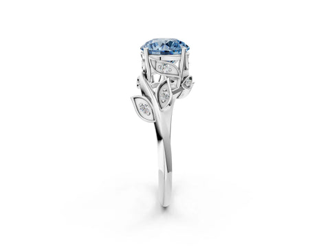 White gold Fancy Blue Round Cut Solitaire Twist Engagement Ring with Leaf Accents and Prong Setting_14