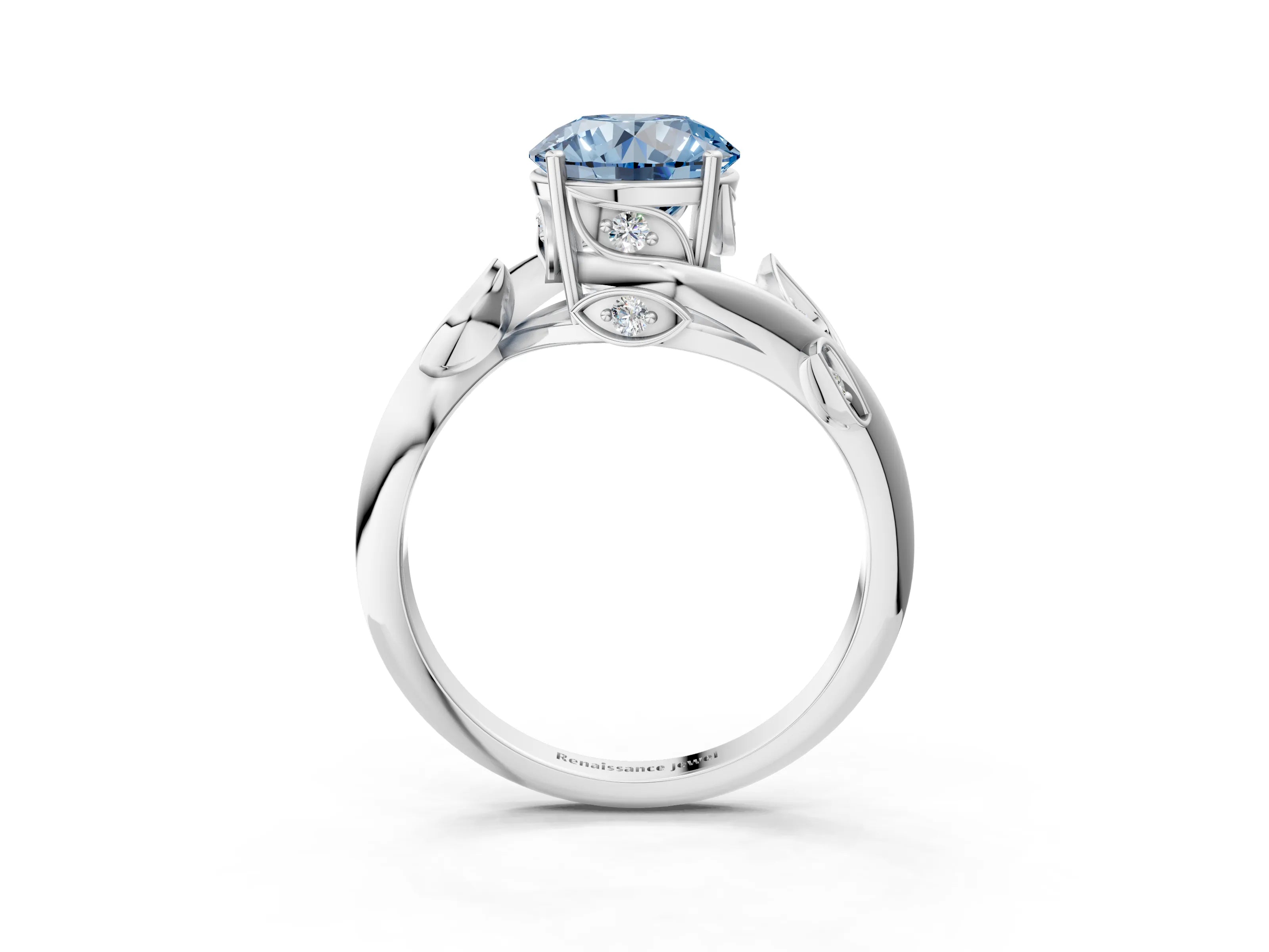 White gold Fancy Blue Round Cut Solitaire Twist Engagement Ring with Leaf Accents and Prong Setting_15