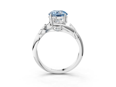White gold Fancy Blue Round Cut Solitaire Twist Engagement Ring with Leaf Accents and Prong Setting_15