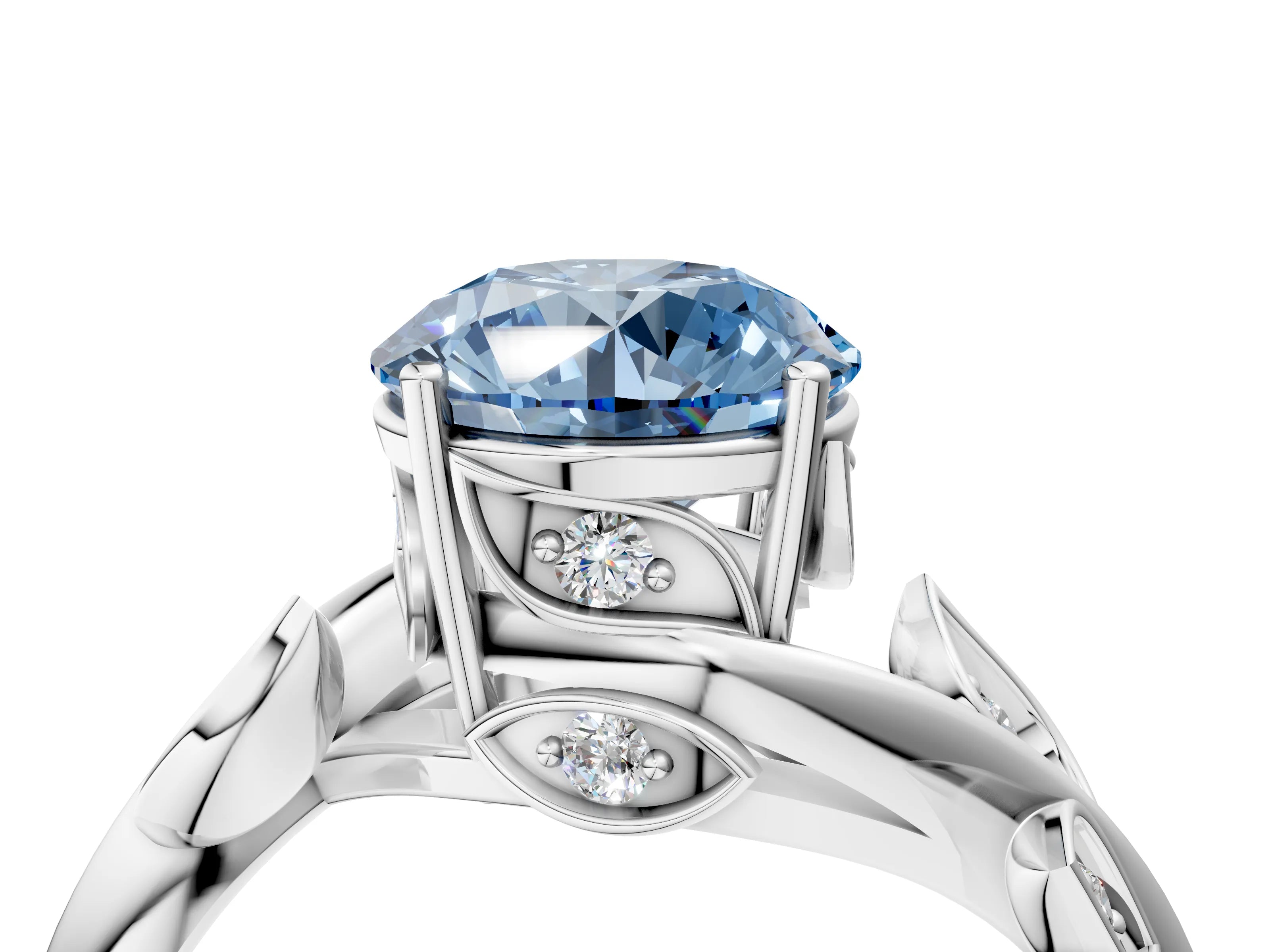 White gold Fancy Blue Round Cut Solitaire Twist Engagement Ring with Leaf Accents and Prong Setting_16