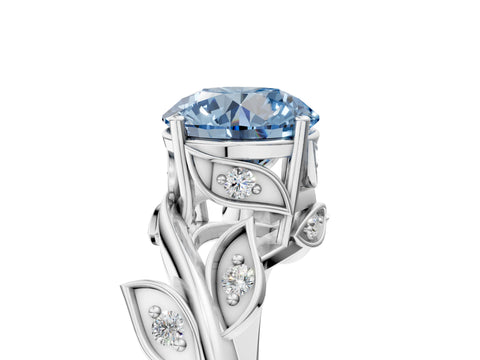White gold Fancy Blue Round Cut Solitaire Twist Engagement Ring with Leaf Accents and Prong Setting_17