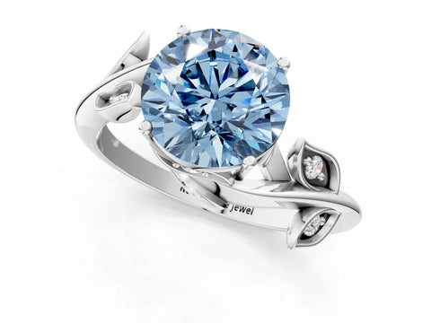 White gold Fancy Blue Round Cut Solitaire Twist Engagement Ring with Leaf Accents and Prong Setting_1