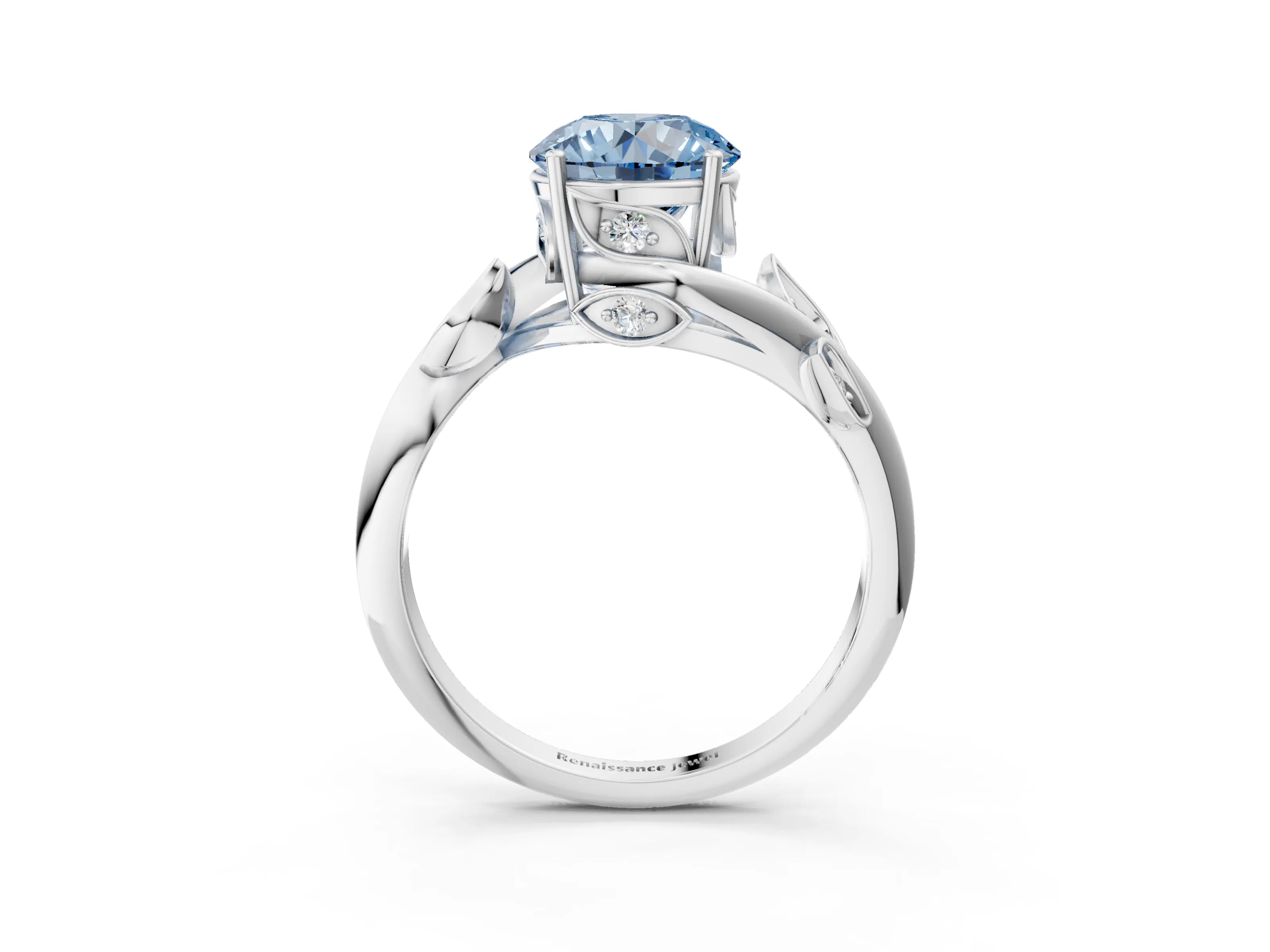 White gold Fancy Blue Round Cut Solitaire Twist Engagement Ring with Leaf Accents and Prong Setting_3