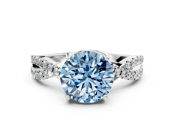 Platinum Fancy Blue Round Cut Solitaire Twist Pave Diamond Engagement Ring with Prong Setting