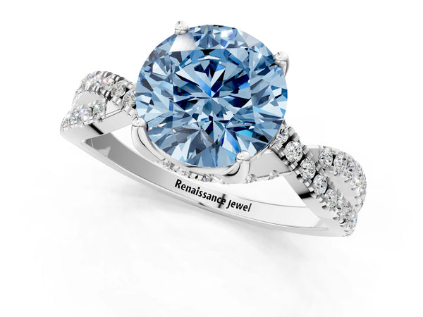 Platinum Fancy Blue Round Cut Solitaire Twist Pave Diamond Engagement Ring with Prong Setting