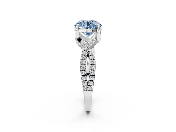 Platinum Fancy Blue Round Cut Solitaire Twist Pave Diamond Engagement Ring with Prong Setting