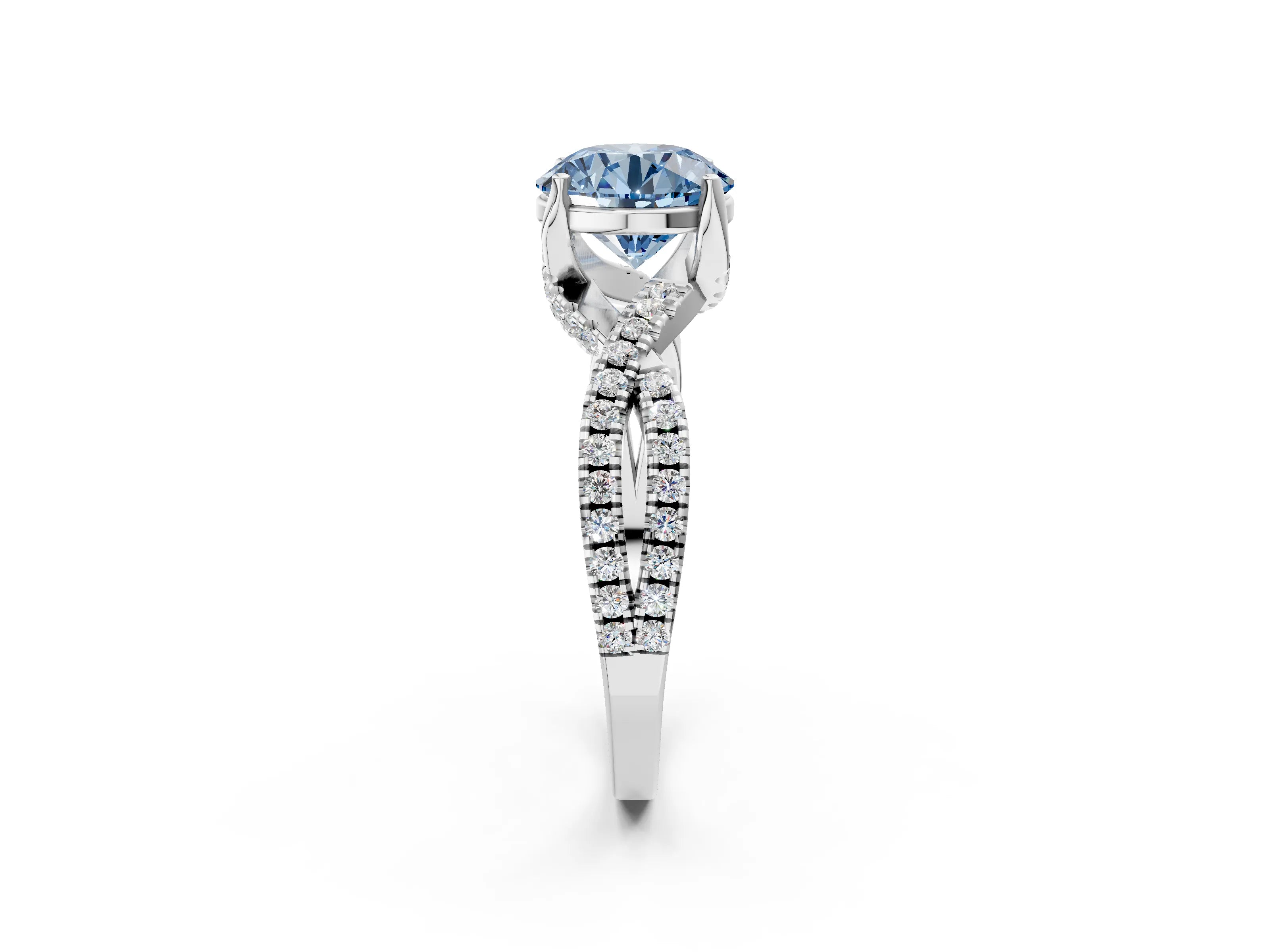 White gold Fancy Blue Round Cut Solitaire Twist Pave Diamond Engagement Ring with Prong Setting_2