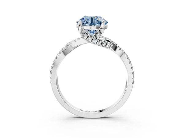 Platinum Fancy Blue Round Cut Solitaire Twist Pave Diamond Engagement Ring with Prong Setting