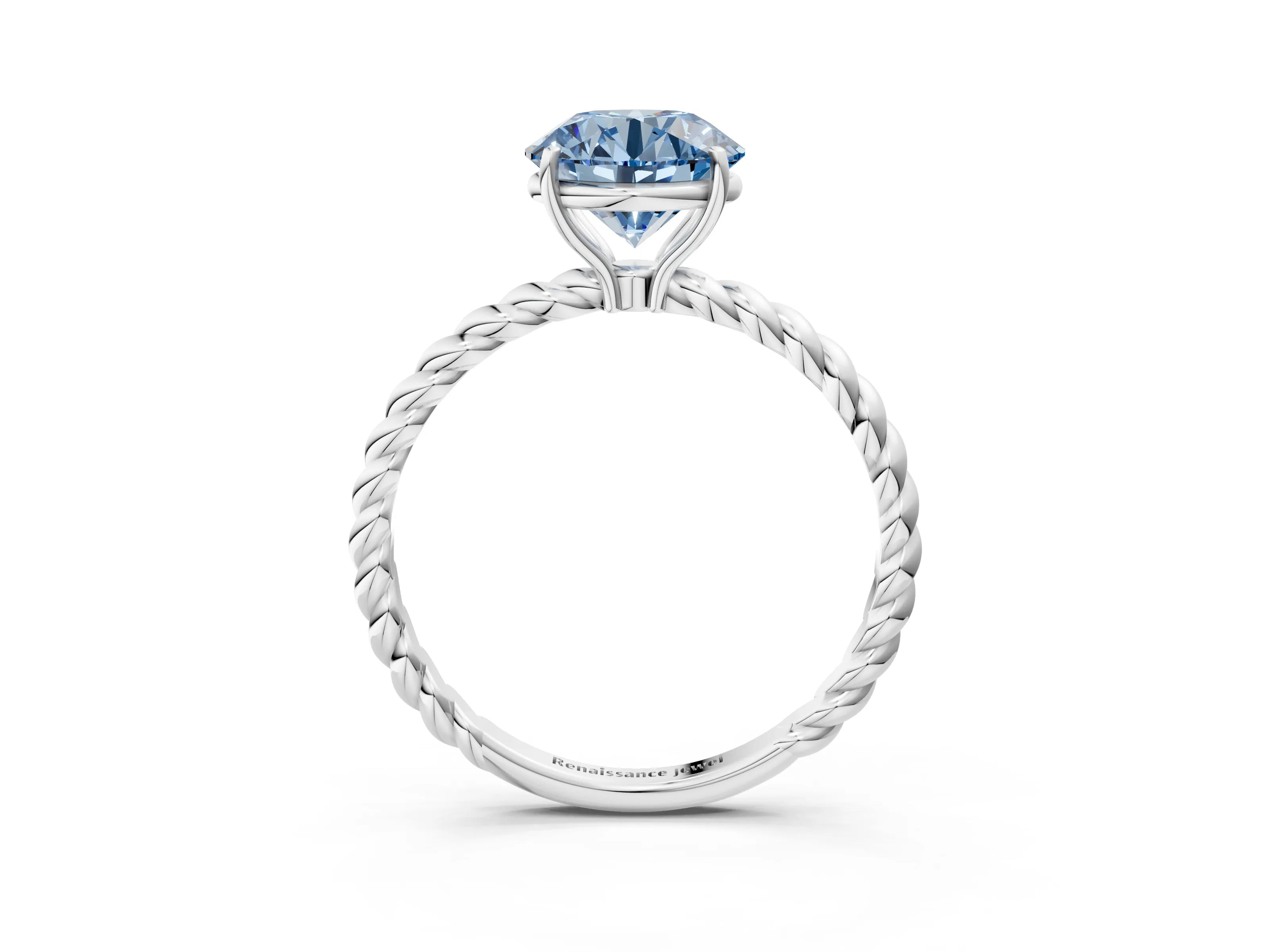 White gold Fancy Blue Round Cut Solitaire Twisted Band 4-Prong Ring_39