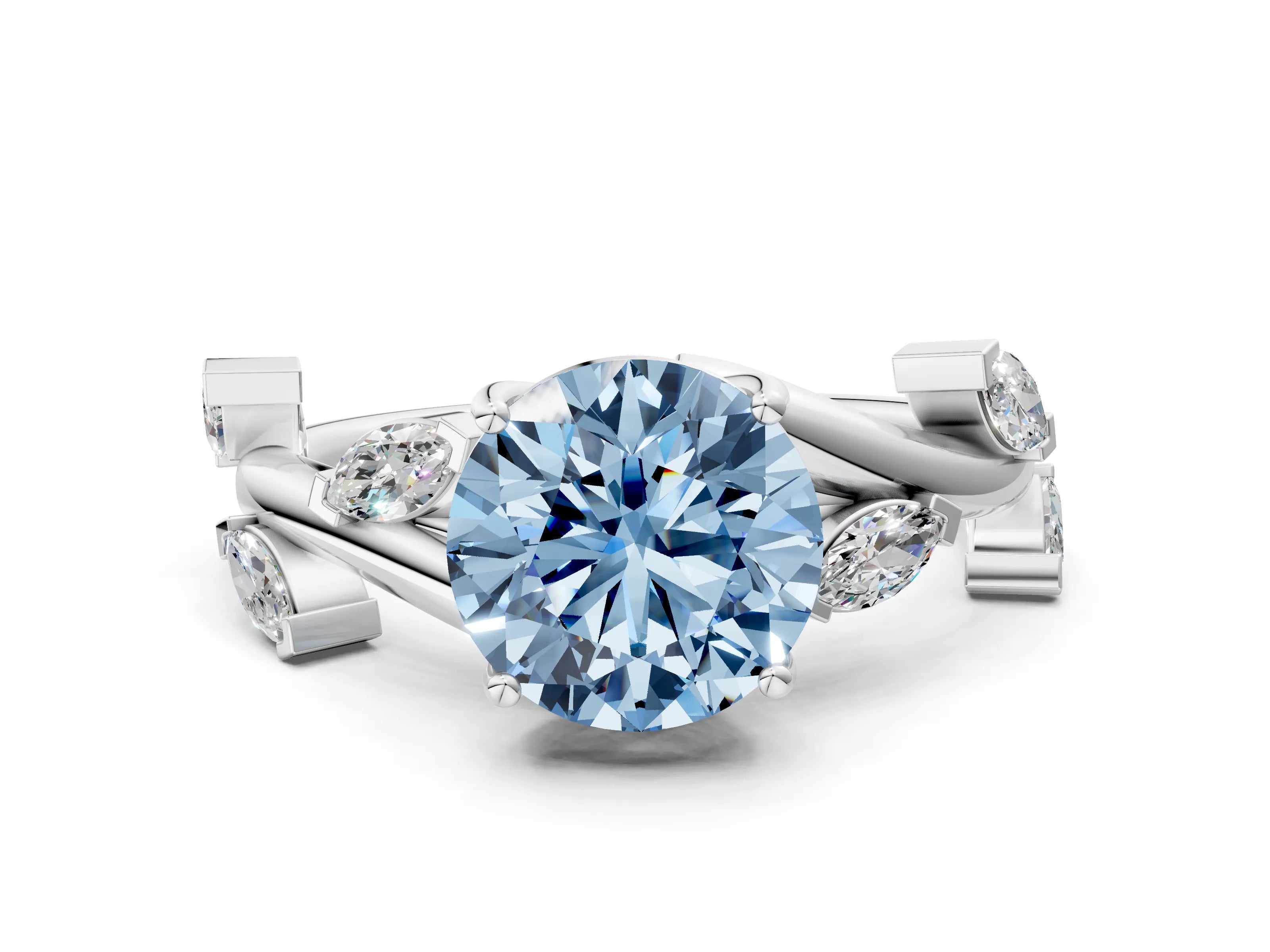 White gold Fancy Blue Round Cut Solitaire Twisted Band Marquise Accent Prong Setting Ring_12