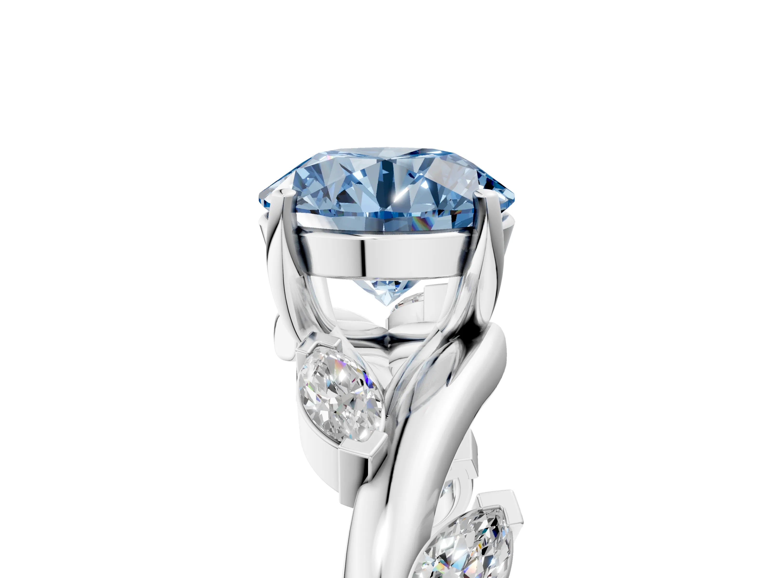 White gold Fancy Blue Round Cut Solitaire Twisted Band Marquise Accent Prong Setting Ring_17