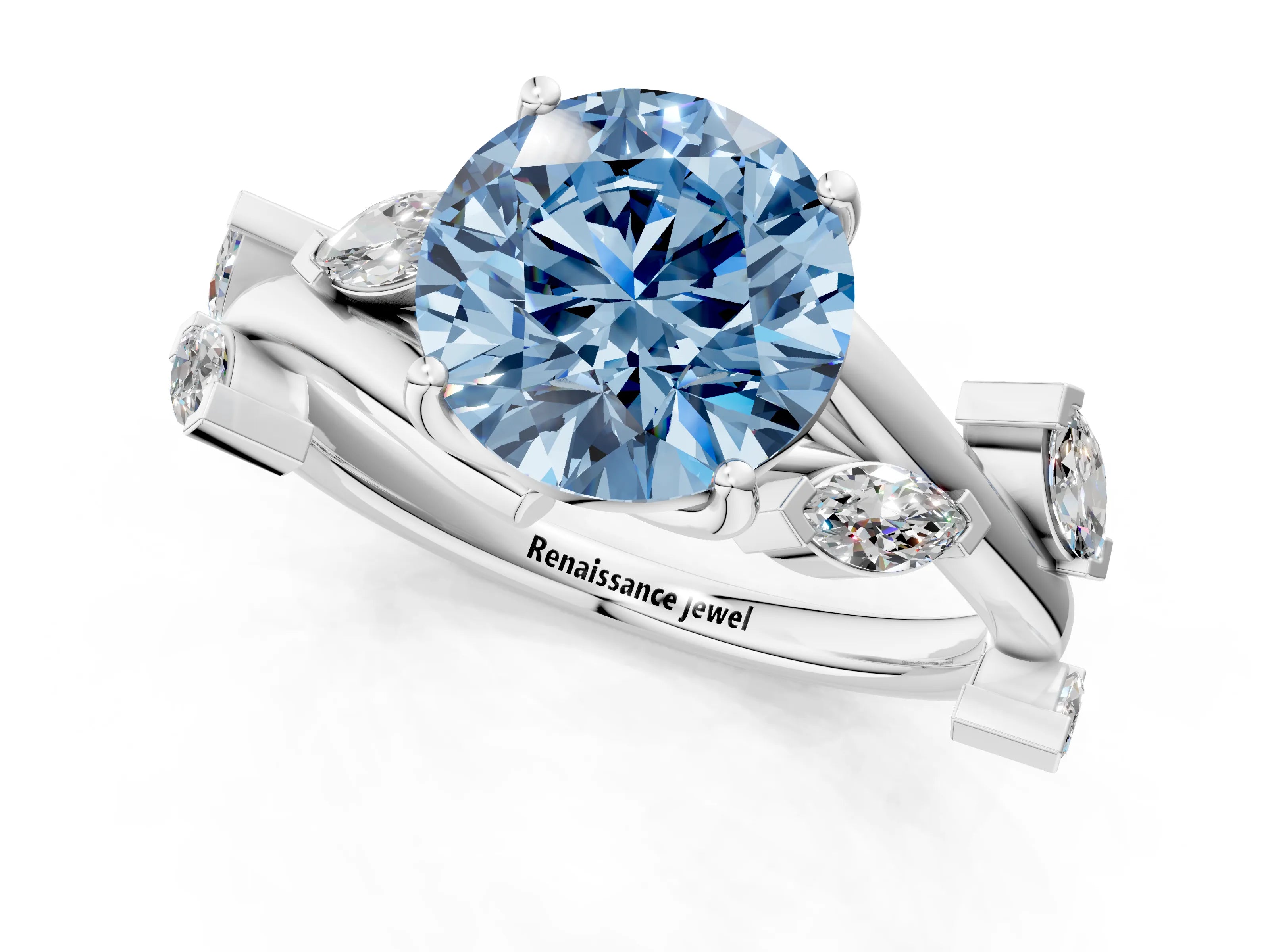 White gold Fancy Blue Round Cut Solitaire Twisted Band Marquise Accent Prong Setting Ring_1