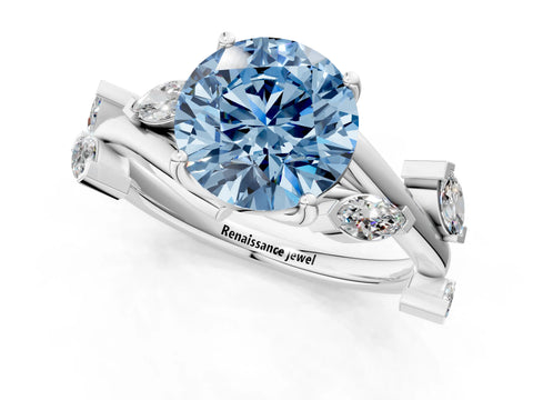 White gold Fancy Blue Round Cut Solitaire Twisted Band Marquise Accent Prong Setting Ring_1
