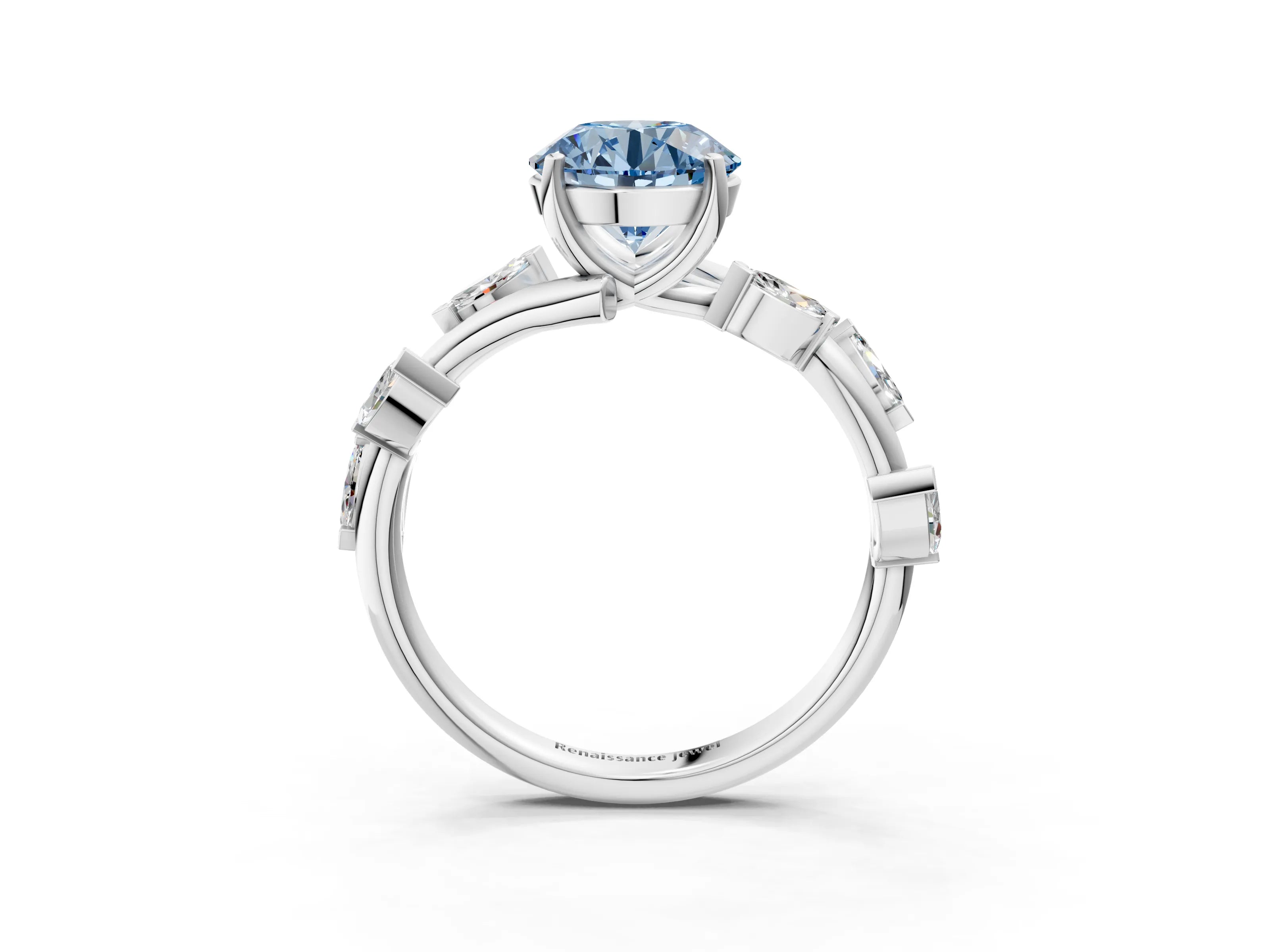 White gold Fancy Blue Round Cut Solitaire Twisted Band Marquise Accent Prong Setting Ring_3