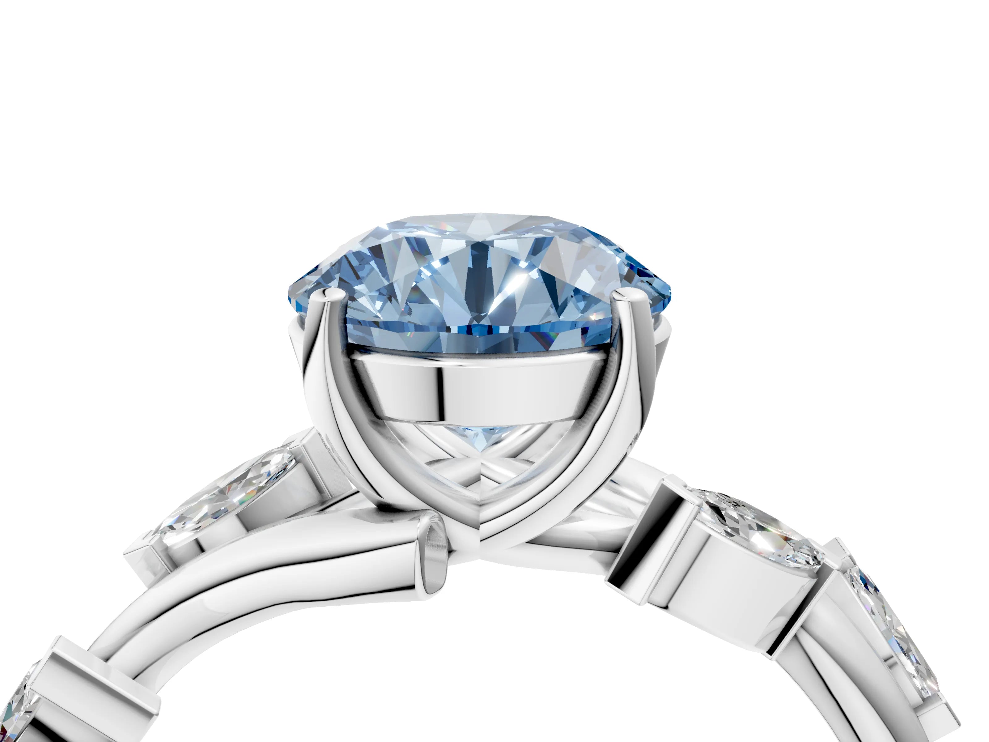 White gold Fancy Blue Round Cut Solitaire Twisted Band Marquise Accent Prong Setting Ring_4