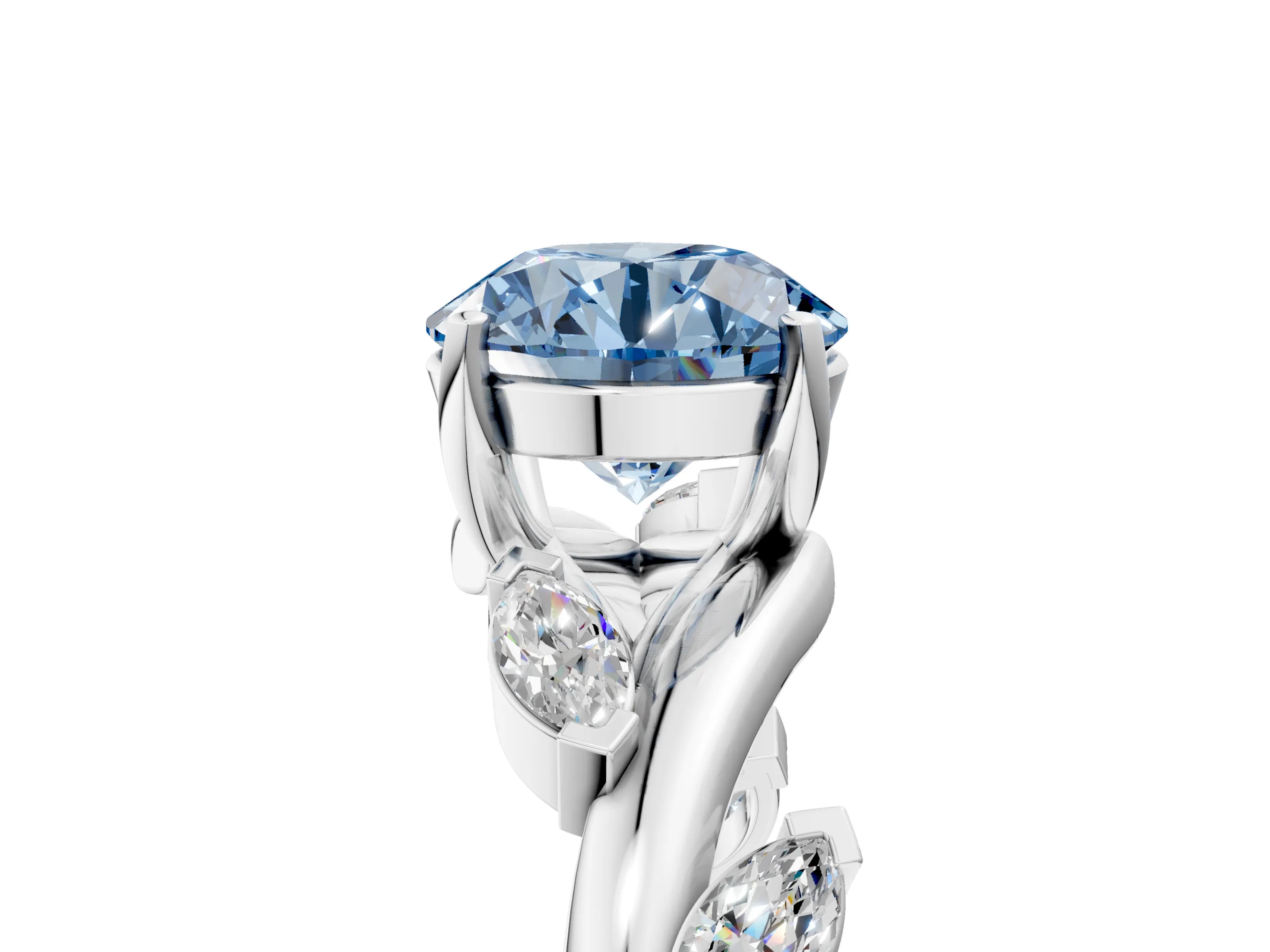 White gold Fancy Blue Round Cut Solitaire Twisted Band Marquise Accent Prong Setting Ring_5