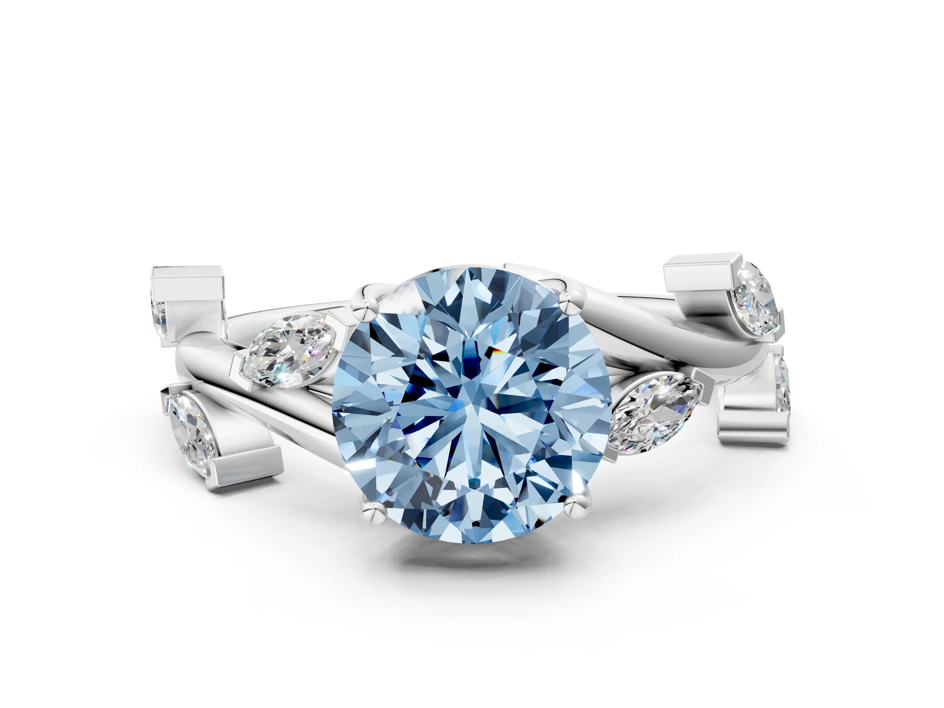 White gold Fancy Blue Round Cut Solitaire Twisted Band Marquise Accent Prong Setting Ring
