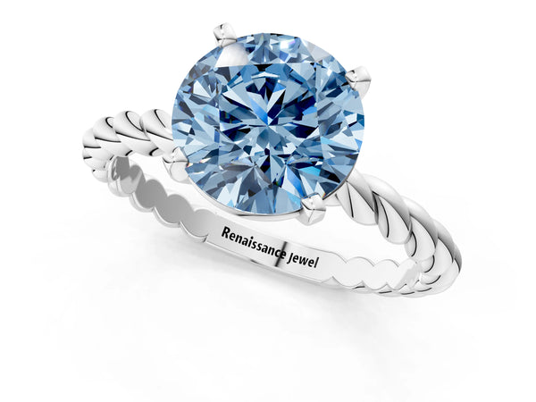 White gold Fancy Blue Round  Cut Solitaire Twisted Band with Four-Prong Setting