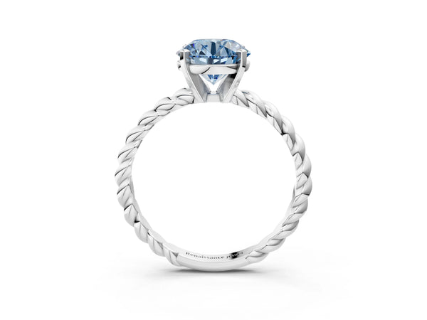 White gold Fancy Blue Round  Cut Solitaire Twisted Band with Four-Prong Setting