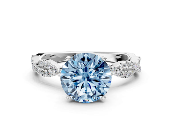 Platinum Fancy Blue Round Cut Solitaire Twisted Pave Band with Four-Prong Setting