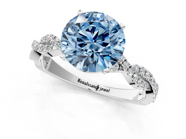 Platinum Fancy Blue Round Cut Solitaire Twisted Pave Band with Four-Prong Setting