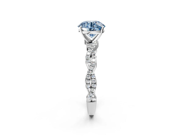 Platinum Fancy Blue Round Cut Solitaire Twisted Pave Band with Four-Prong Setting