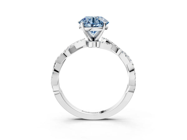 Platinum Fancy Blue Round Cut Solitaire Twisted Pave Band with Four-Prong Setting