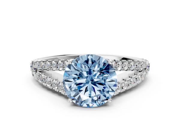 White gold Fancy Blue Round  Cut Split Shank Pave Diamond Engagement Ring with Four-Prong Setting